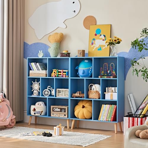 LEYAOYAO Cube Bookshelf, Mid-Century Modern Book Shelf with Legs, Blue