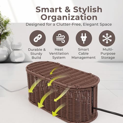 Cable Management Box, Handmade Rattan Cord Organizer for Power Strip