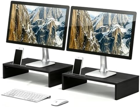 Wood Computer Monitor Stand Riser 16 inch Desktop Stand, Speaker TV Laptop Printer Stand Workspace Organizer (Black-2pac
