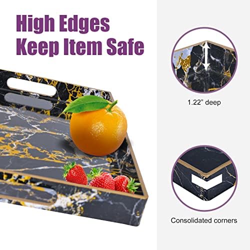 Gifturbo Black Serving Tray,Marble Decorative Serving Trays with Handles, Coffee Table Tray Ottoman Rectangular Plastic 