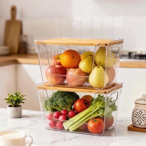 Criusia 2 Set Pantry Organizers and Storage with Bamboo Lids, Stackable Clear Bins for Onion, Potato, Fruit, Vegetables,