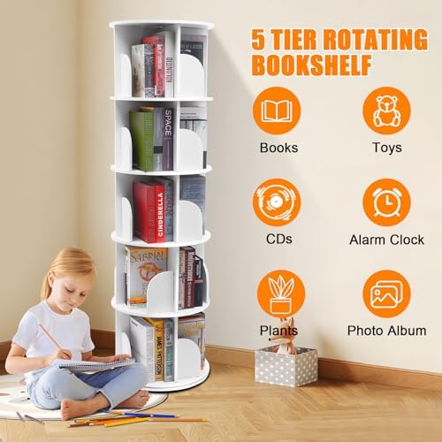 5 Tier Rotating Bookshelf Tower,360°Spinning Bookshelf Tower, Round Revolving Bookcase Organizer, Stackable Rotating Boo