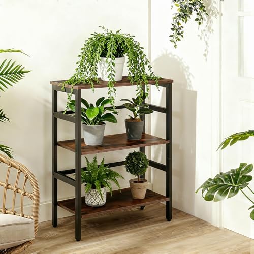 HOOBRO 3 Tier Bookshelf, 23.6" L Industrial Bookcase, Record Storage Rack with Side Fence, Storage Shelf with Metal Fram