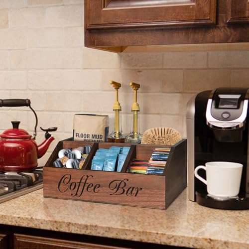 ugiftt Coffee Station Organizer for Counter, Wood Coffee Pods Holder Storage Basket, Tea Condiment Storage Organizer, Ru
