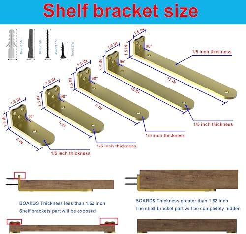 8Inch Gold Heavy Duty Floating Shelf Bracket 6 Pack 3-Hole Mount