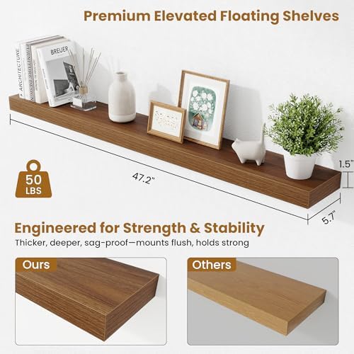 Fun Memories Floating Shelves 48 Inch, Extra Large Wood Shelf Set of 2, Hanging Wall Shelves for Bathroom, Living Room, 