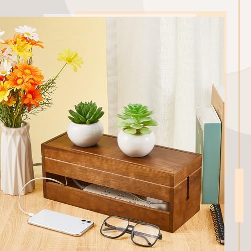 Hoteam 48 Pcs Wooden Cable Management Box Cable Organizer Box Set Power Strip Holder Cord Hider Clip Adhesive Management