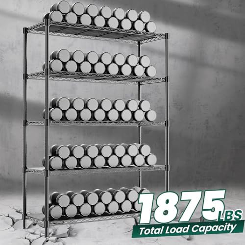 48" W Garage Shelving 1875LBS Heavy Duty Wire Shelving Unit, Metal 5-Tier Adjustable Steel Storage Rack with Liners, Sto