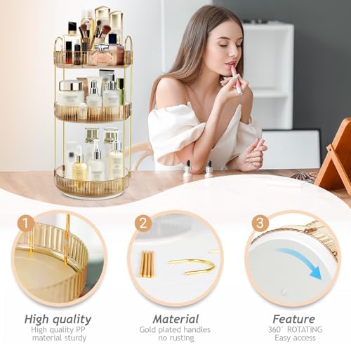 360 Rotating Makeup Organizer for Vanity,3 Tier Large Capacity Skincare Organizers,Bathroom Counter Organizer, transpare