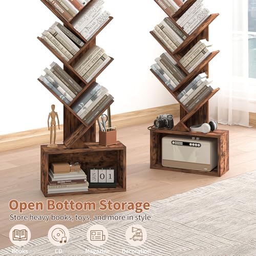 3-Tier Tree Bookshelf with 3-Color LED Lights, Small Narrow Tall Floor Standing Bookcase with Storage Organizer, Rustic 