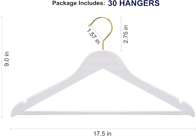 Amber Home 20 Pack White Wooden Coat Hangers with Gold Hook, White Wood Suit Hangers with Non-Slip Pant Bar, Clothes Hangers for Closet Organization, Shirts, Jackets, Dresses and Pants (White+Gold,20)