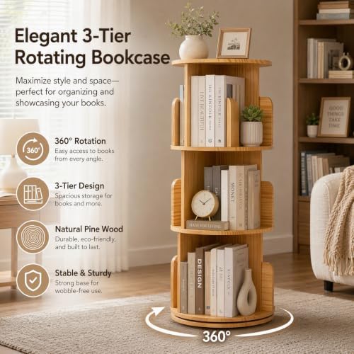 3 Tier Rotating Bookshelf Tower, Wood Revolving 360 Book Shelf, Vertical Rotate Turning Spiral Corner Organizer, Revolvi