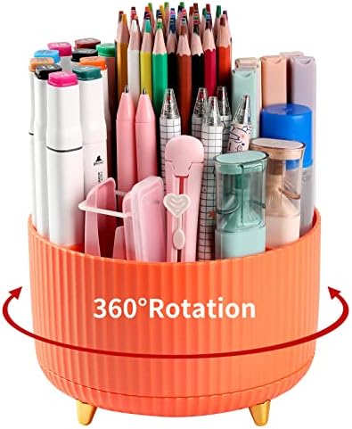 Desk Pencil Pen Holder, 5 Slots 360°Degree Rotating Pen Organizers for Desk, Desktop Storage Stationery Supplies Organizer, Cute Pencil Cup Pot for Office, School, Home, Art Supply, Orange