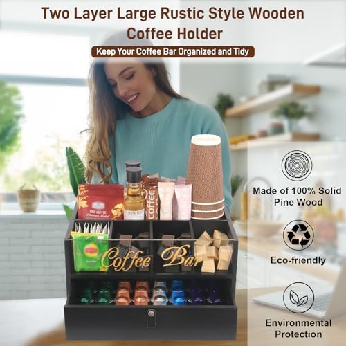2-Tier Coffee Bar Organizer with Clear Acrylic Top, Built-in Drawer and Leather Handle Pull for Countertop, Stylish Coff