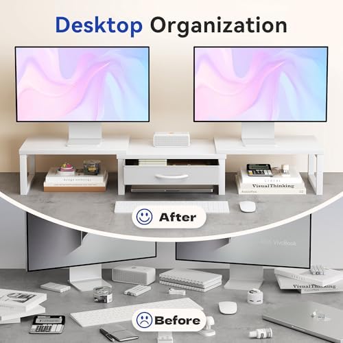 Dual Monitor Stand Riser, Desk Organizers and Accessories with Drawer, Computer Monitor Stands for Desk, Adjustable Desk