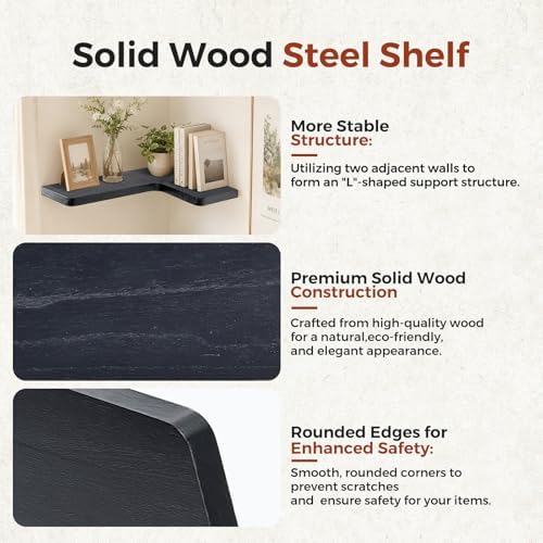 Solid Wood Corner Floating Shelves, L-Shaped, Black, Set of 3