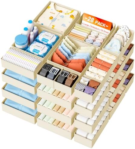 DIMJ Drawer Organizer Clothes Storage - 28 Pack Baby Dresser Organizer for Nursery, Foldable Closet Drawer Organizer Bins for Bedroom Organization, Fabric Storage Dividers for Socks, Underwears, Bras