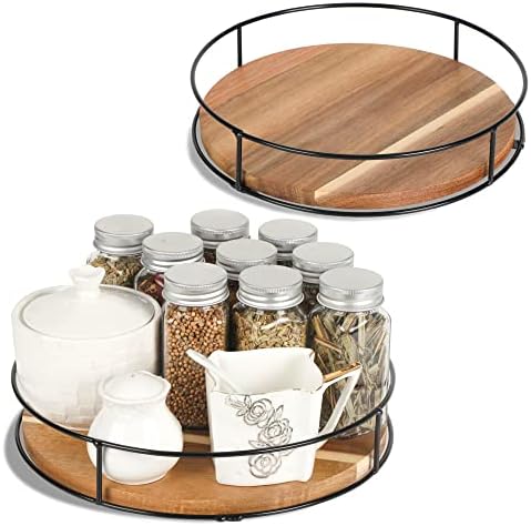 [ 2 Pack ] 9" & 10" Acacia Wood Lazy Susan Organizers with Steel Sides