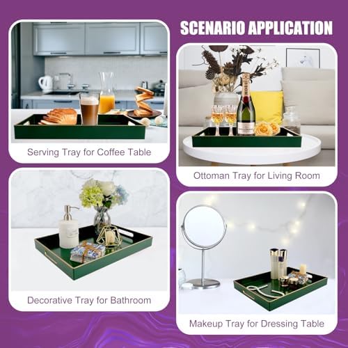 Gifturbo Large Serving Tray with Handles，Green Rectangular Plastic Elegant Decorative Coffee Table Trays for Ottoman, Li