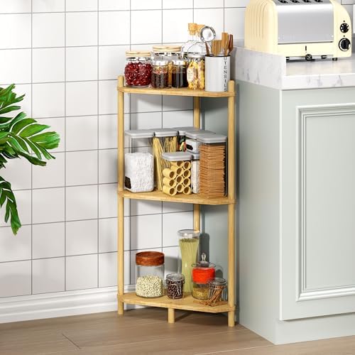 Corner Shelf Stand - 3 Tier Bamboo Small Corner Bookshelf for Office Kitchen Bedroom Plant Stand Living Room Decor Small