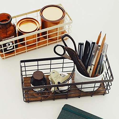 TIEYIPIN Small Metal Wire Storage Basket, Detachable Wood Base Storage Organizer Bin Basket for Kitchen Cabinets, Bathro