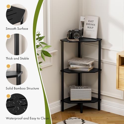 Black Corner Bathroom Shelf, 3 Tier Bamboo Kitchen Corner Shelves, Display Shelf, Shower Corner Caddy, Indoor Plant Stan