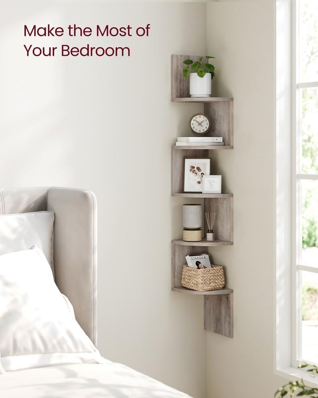 VASAGLE Corner Shelf Wall Mount, 5-Tier Floating Corner Bookshelf