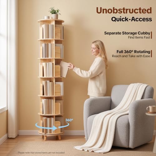 6 Tier Rotating Bookshelf Tower,Solid Wood Bookshelf with Legs,Round Revolving Bookcase for Small Spaces,Spinning Booksh