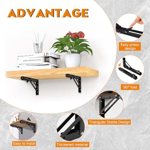 Folding Shelf Brackets 14 Inch - 2PCS Heavy Duty Metal Bracket Shelf, Wall Mounted Collapsible Bracket for Space Saving 