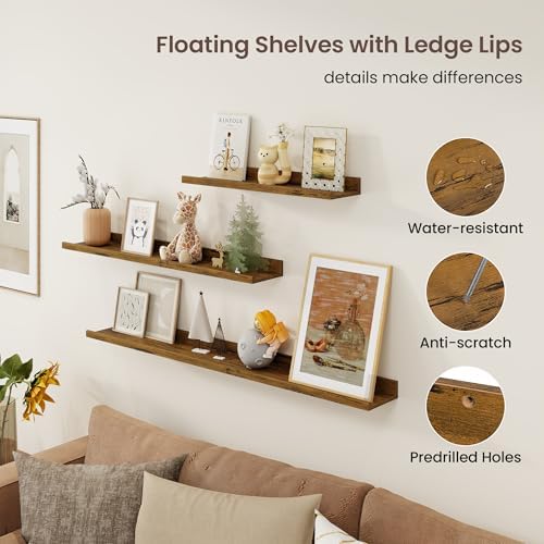 Axeman 30 Inch Floating Shelves, Brown Picture Ledge Shelf Set of 3