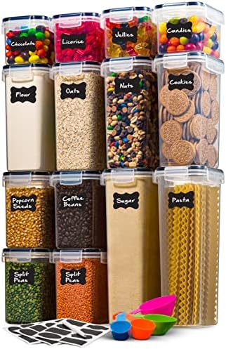14 Pack Airtight Food Storage Container Set - BPA Free Clear Plastic Kitchen and Pantry Organization Canisters with Durable Lids for Cereal, Dry Food Flour & Sugar - Labels, Marker & Spoon Set
