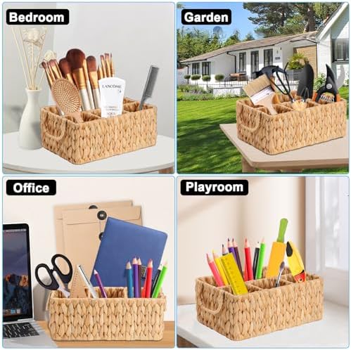Wicker Party Silverware Caddy, Water Hyacinth Plastic Cutlery Utensil Holder, Hand Woven with Handles, Kitchen Counterto