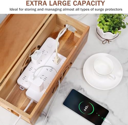 Wood Cable Management Box - 15.8" (L) x 6" (W) 5.5" (H) Acacia Wood Cable Hider Box, Cord Hider with Magnet Design & Out