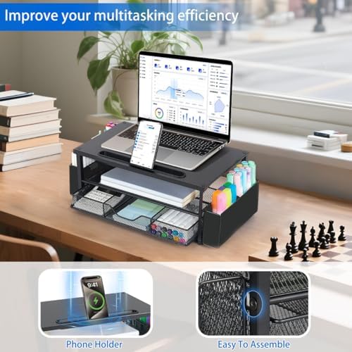 AUPSEN Wood Computer Monitor Stand Riser, 2-Tier Black Desk Organizer with Drawer, Pen Storage & Phone Holder ，Office De