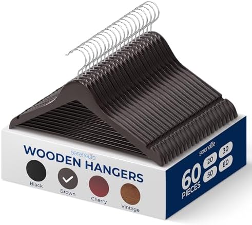 SereneLife Wooden Clothes Hangers 60 Pack, Brown Wood Coat Hangers, Non-Slip Shoulder Grooves & Notches, 360° Swivel Chrome Hook, Space-Saving for Suits & Jackets, Closet Organizer - Home Essentials