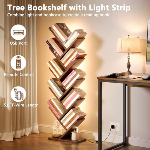 Hoctieon 10 Tier Tree Bookshelf with LED Light, Small Bookcase, Freestanding Book Shelf, Display Floor Standing Storage 