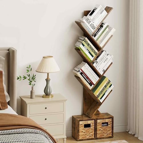 Vagusicc 6 Tier Tree Bookshelf with 2 Storage Cabinets, Tall Display Shelf Organizer for Books, Magazines, Home Decor, N