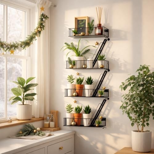 Fire Escape Shelf, 4 Tier Floating Ladder Shelf for Wall Decor & Storage