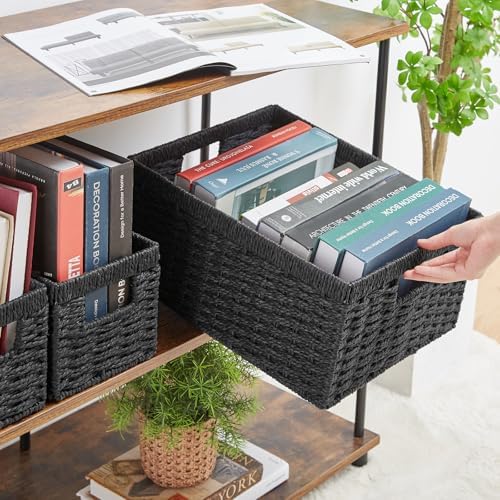Vagusicc Wicker Storage Basket, Set of 3 Wicker Basket, Hand-Woven Paper Rope Storage Baskets for Organizing, Large Cube
