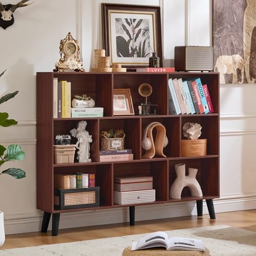 LEYAOYAO 10 Cube Bookshelf, Mid-Century Modern Book Shelf with Legs, Walnut