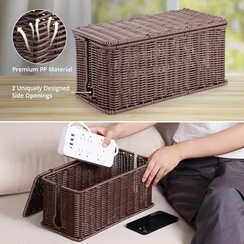 ZhiYo Rattan Cable Management Box, Dark Brown, 13.5" x 6.2" x 6"