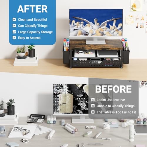 OPNICE Desk Organizers and Accessories, Computer Monitor Stand Riser with Drawer and 2 Pen Holders, Printer & Laptop Sta