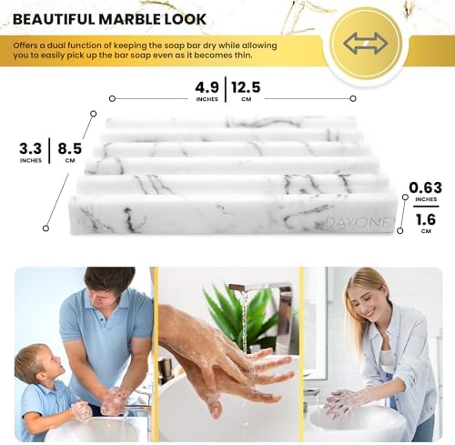DAY1 Marble Soap Dish Tray – Bathroom Sink Soap Holder, Vanity Tray, Brush Organizer, Decorative Resin Dish for Kitchen,