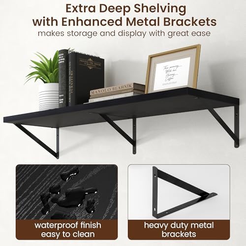 Axeman Deep Floating Shelves - 40 Inch Black Floating Shelves Set of 2-12 Inch Deep Wood Wall Shelves for Living Room Ba