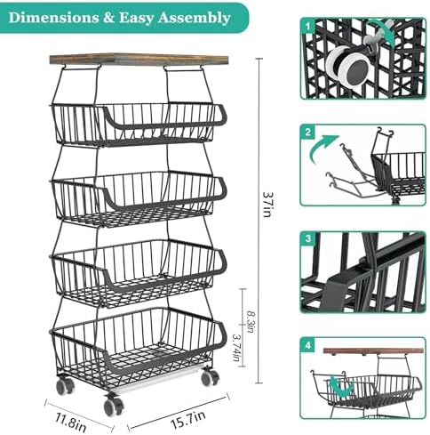 CHLORYARD Fruit Basket with Wooden Lid for Kitchen, 5-Tier Stackable Wire Fruit Vegetable Storage Basket Organizer Stand
