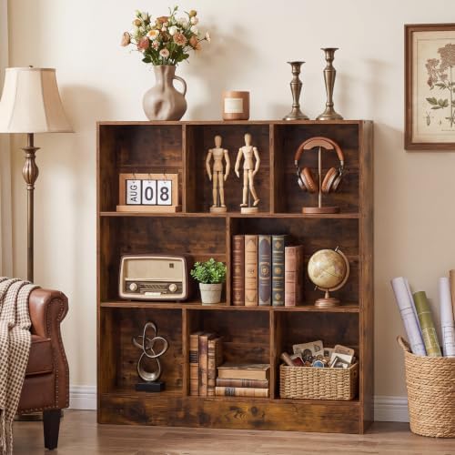 YAHARBO 3 Tier 8 Cube Horizontal Bookshelf, Low Bookcase for Sleves,Brown