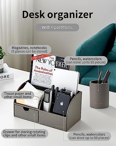 VLANDO 2 Pcs PU Leather Desk Caddy Set with Drawer,Pen Holder
