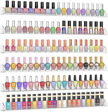 24 Inch Clear Nail Polish Wall Rack with Removable End Caps Set of 6, Acrylic Nail Polish Organizer Wall Mounted,Nail Po