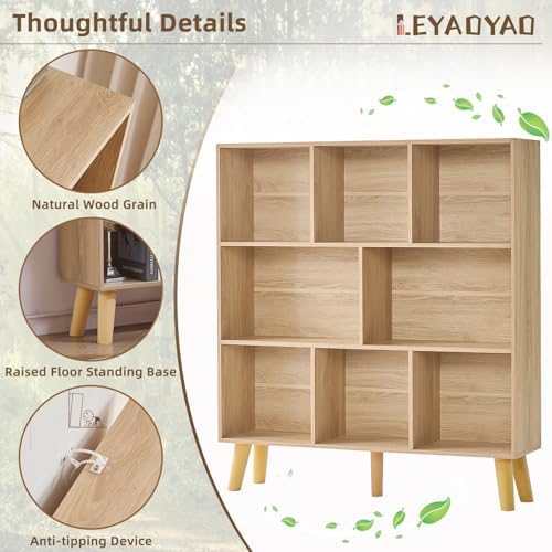 LEYAOYAO 8 Cube Bookshelf,Mid-Century Modern Bookcase with Legs,Light Wood