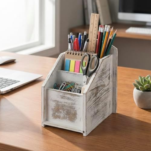 MyGift Whitewashed Wood TV Remote Control Holder with 3 Compartments